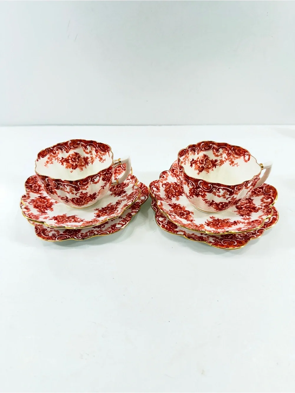 2x Rare Paragon China Trios Antique 1920s Iron Red Gold Floral Tea Cup Sets 689